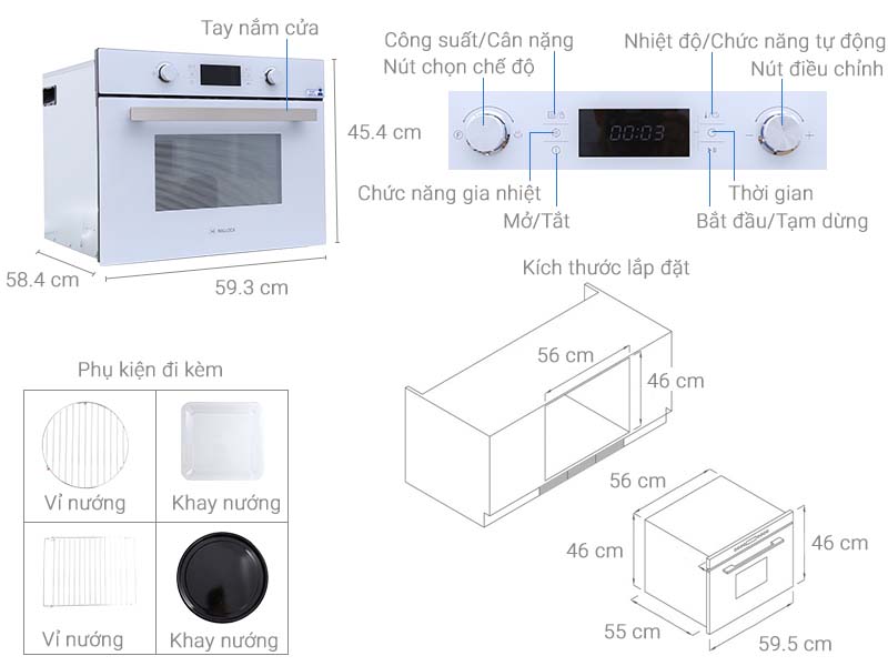 Thông số kỹ thuật Lò nướng kết hợp âm Malloca MW-944TA 44 lít