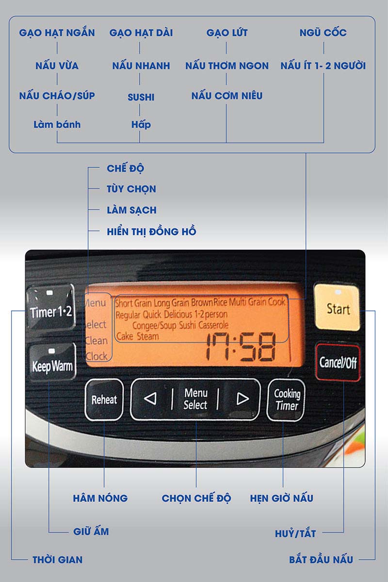 Nồi cơm điện với 11 chế độ nấu được cài đặt sẵn