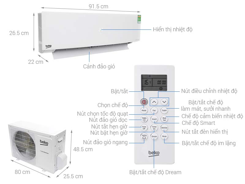 Thông số kỹ thuật Máy lạnh Beko Inverter 1 HP RSVC10AV